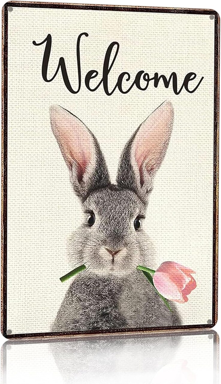 Funny Bunny Tulip Tin Sign 8x12” – Easter Home, Room & Garden Decor for Women, Teens & Girls